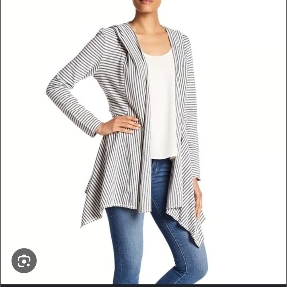 Max Studio Black & White Weekend Striped 100% Cotton Open Cardigan Hoodie Size M